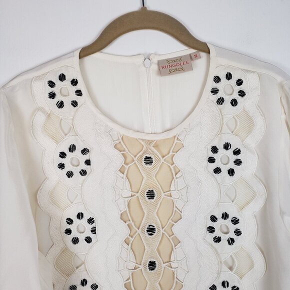 Rungolee Eyelet Lace Front Top Ivory 3/4 Sleeve Blouse Womens Size Small - Picture 3 of 16